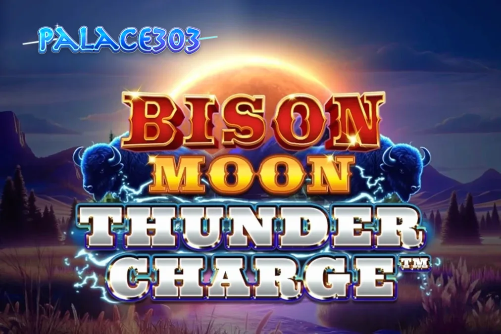 Tampilan visual slot Bison Moon: Thunder Charge dengan latar belakang badai dan simbol bison.